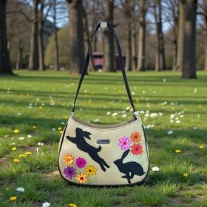 Liz Claiborne Beige Shoulder Bag with Floral and Animal Design